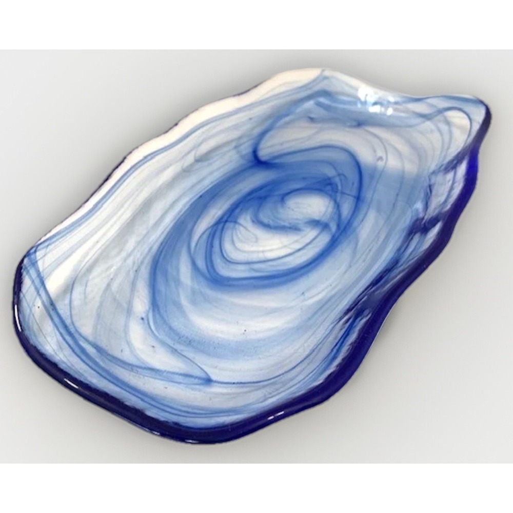 Art Studio Glass Tray Dish Handmade Vanity Catchall Blue Abstract Swirl VTG 10"